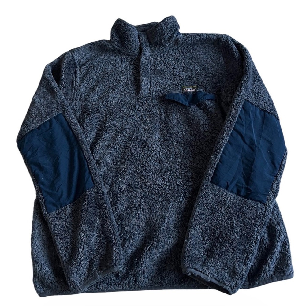 LL Bean Snap High Pile Fleece Jacket Navy Gray Mens Large Tall 505777 Sherpa